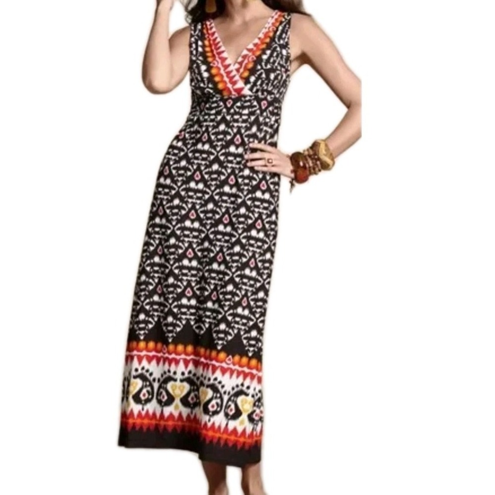 Chicos 3 Womens Maxi Dress Sz XL Geometric Print V Neck Stretch Resortwear Beach